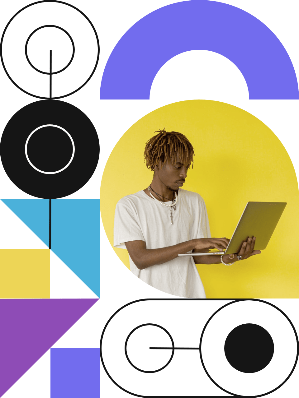 man holding laptop with logos around him